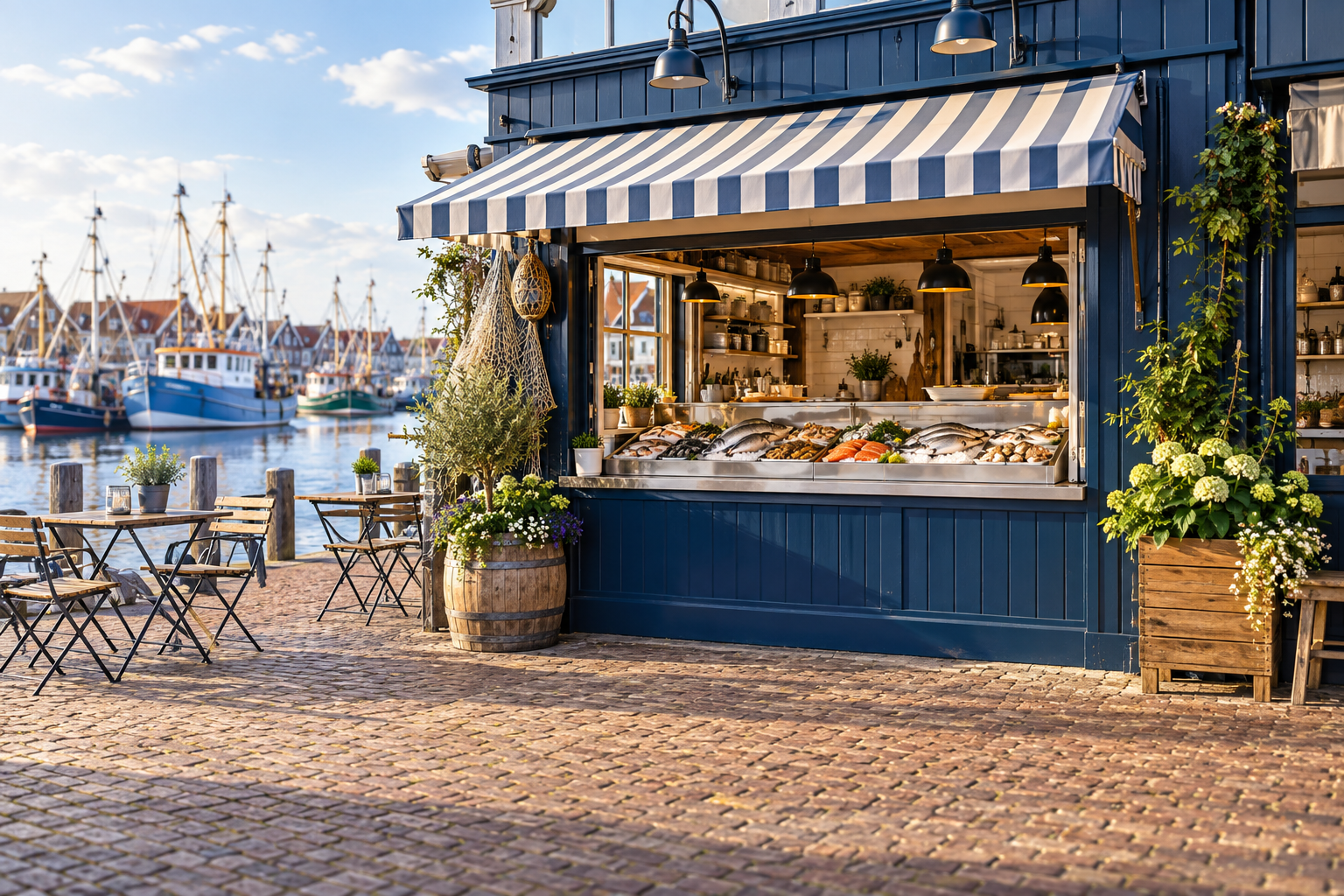 Gegenereerde voorbeeldfoto van een sfeervolle viszaak aan een haven